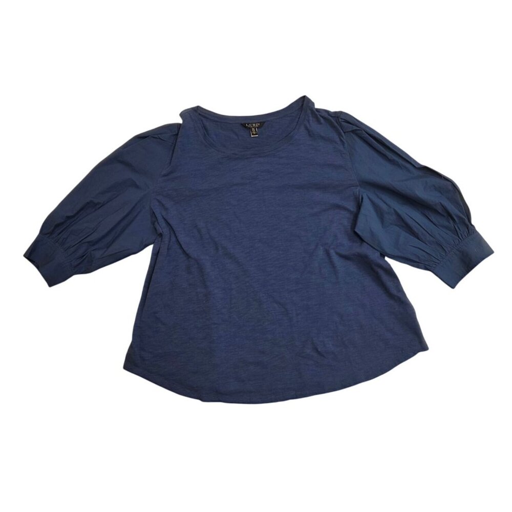 Lauren Ralph Lauren Blue 3/4 Sleeve Blouse Plus 3X Gathered Shoulders Classic